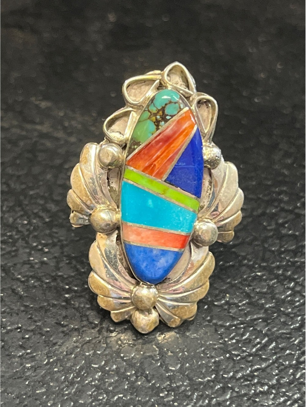 Navajo cluster turquoise multi stone sterling silver inlay ring size 10.5